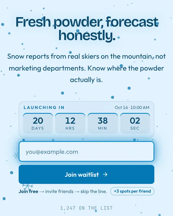 Winter Snow — Holiday & Seasonal waitlist page template, pale sky blue background