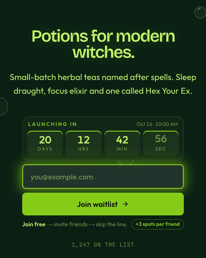 Witch's Brew — Fantasy waitlist page template, deep emerald background