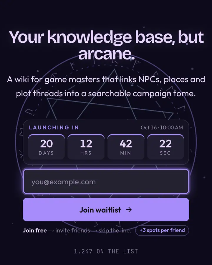 Wizard Tower — Fantasy waitlist page template, deep indigo background