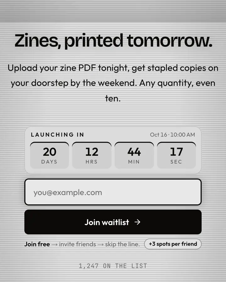 Xerox Grey — Black & White waitlist page template, off-white background