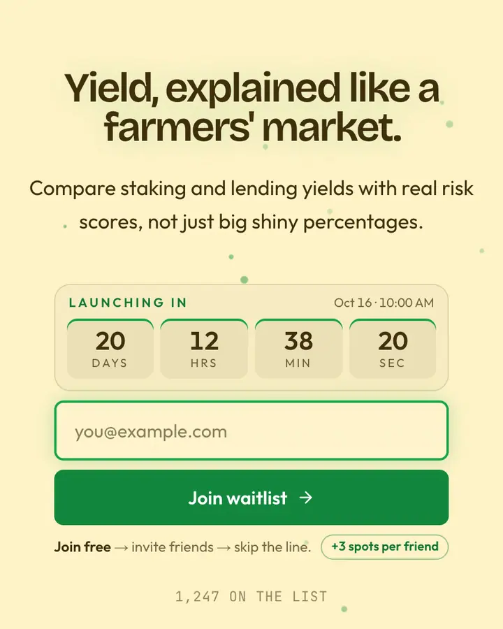 Yield Farm — Crypto & Web3 waitlist page template, cream background