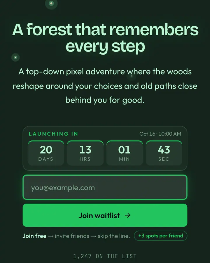 Hero Green — Retro & Pixel Art waitlist page template, deep emerald background